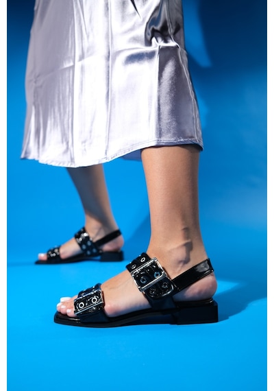 Luvishoes Blob Siyah Rugan Tokalı Kadın Sandalet Siyah