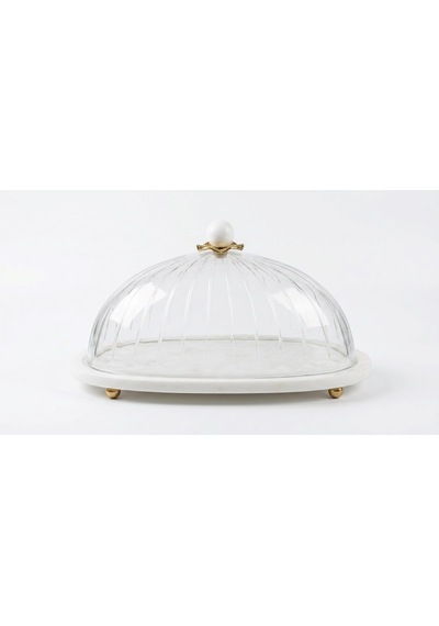 Oval 35cm Cam Kapaklı Mermer Beyaz