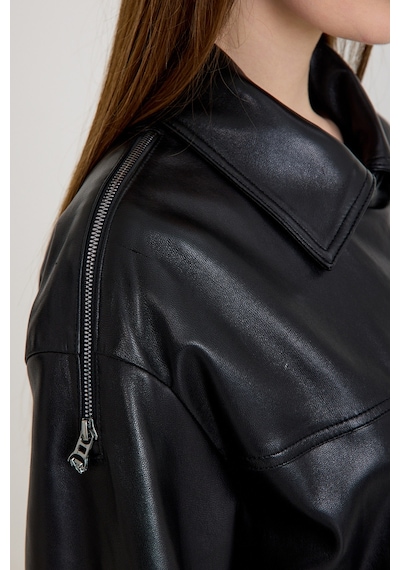 Oversize Bayan Deri Ceket Vb-23-bk-2143-22609 Siyah