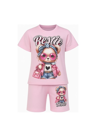 Lolliboomkids Bestie Siyah Ve Pembe Renk Kız Çocuk Takım - Ayıcık Baskılı Tişört & Şort 2'li Set Pembe