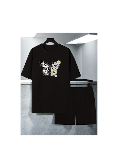 Uyguntarz Unisex Papatya Kelebek Tasarım Basklı Tshirt Şort Takımı Siyah