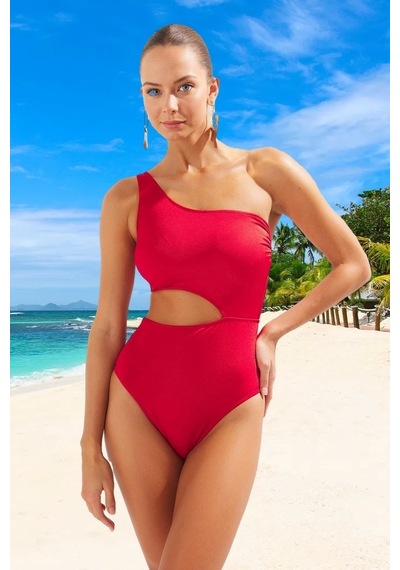 Ersefa Kadın Moda Atma Kap Cut Out Tek Kol Carmen Yaka Siyah Tek Omuz Cu Kırmızı