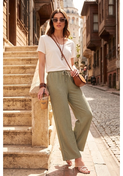 Lela Regular Fit Normal Bel Geniş Paça Bayan Pantolon 5866117 Olive