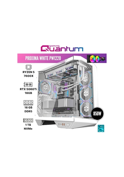 Quantum Gaming Proxima White PW1220 R5-7600X 16 GB 1 TB 16 GB RTX5060Ti Dos Masaüstü Oyuncu Bilgisayarı