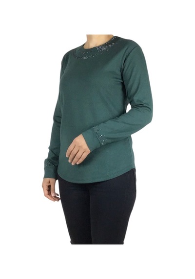 Kadın Yakası Ve Kolları Taşlı Spor Bluz Mint Yeşili