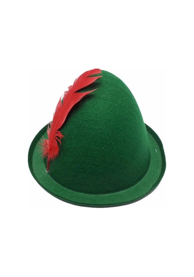 Yeşil Renk Kırmızı Tüylü Peter Pan Şapkası Robin Hood Şapkası 24x23 Cm +0