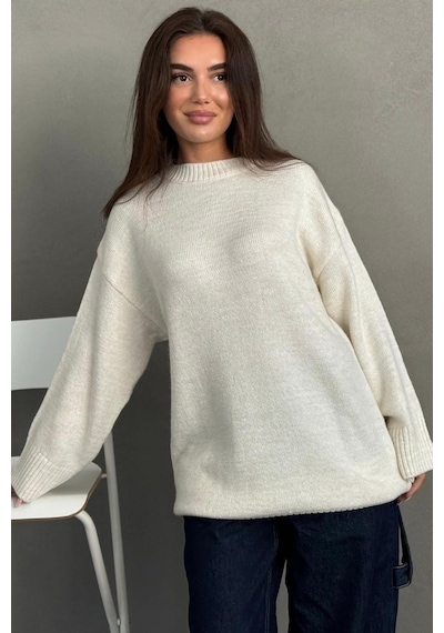 Madmext Ekru Bisiklet Yaka Oversize Uzun Kadın Triko Kazak Mg2890