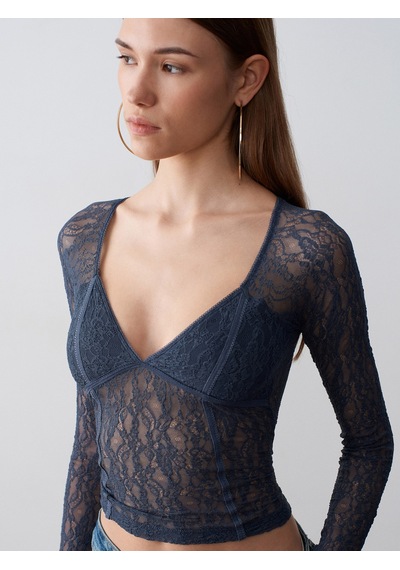 Dilvin 32625 Dantel Şerit Detaylı Top-indigo İndigo