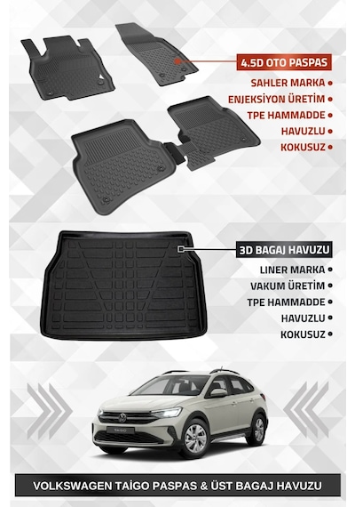 Sahler Volkswagen Taigo 2021+ Uyumlu 4.5d Premium Havuzlu Paspas Ve Liner Marka 3d Üst Bagaj Havuzu