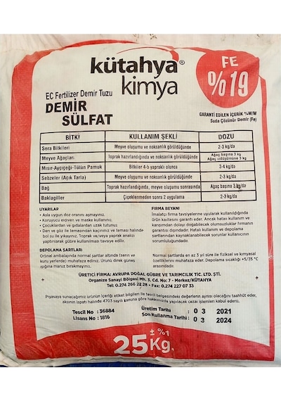 Kimya Demir Sülfat 25 Kg 1 Adet
