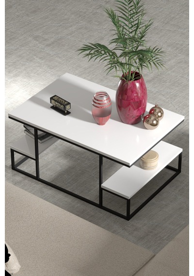 Reyo Falez Deluxe Raflı Orta Sehpa 60x90 Cm Modern Dikdörtgen Orta Sehpa Beyaz