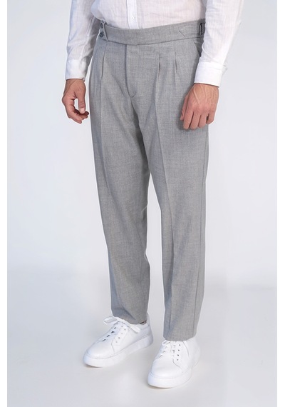 Gri Çift Pileli Tokalı Yüksek Bel Slim Fit Pantolon Wessi Gri