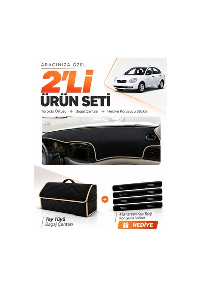 E-biz Hyundai Accent Era 2006-2011 Uyumlu Torpido Örtüsü + Tay Tüyü Çanta - Siyah-bej - Hu010