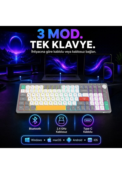 Lecoo GK100 3 Modlu Kablosuz RGB 100 Tuş Türkçe Q Membran 2000 mAh Gaming Oyuncu Klavyesi