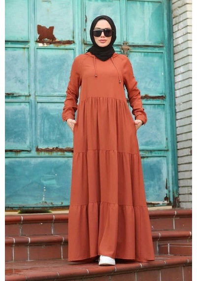 Neways 6531-Krep Kapüşonlu Reglan Kollu Elbise Taba