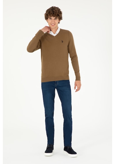 U.S. Polo Assn. Erkek Slim Fit V Yaka Haki Melanj Basic Kazak 50293512-VR125