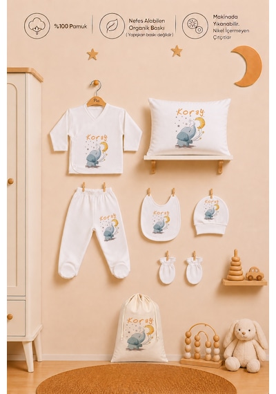 Pia Baby Kişiye Özel %100 Pamuk Erkek Bebek Hastane Çıkışı Zıbın Seti 8 Parça Kese Hediyeli 2068zybk3x Ekru