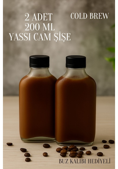 Rotanev 2 Adet Şeffaf Cold Brew Siyah Kapaklı Soğuk Kahve Yassı Cam Şişe 200 ml ve Çubuk Buz Kalıbı