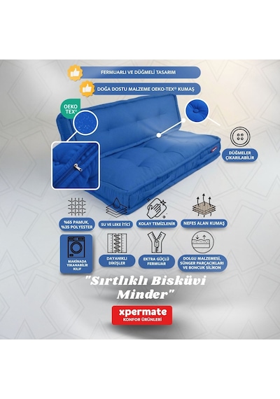 Xpermate Bisküvi Yer Minderi 60x120 Kalın Palet Balkon Petek Önü Fermuarlı Minder Mavi