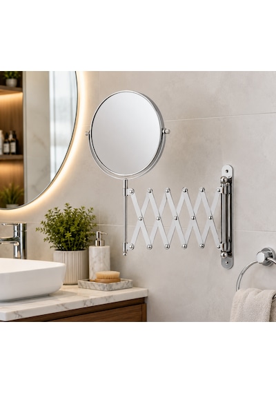 Akordiyon Kollu Makyaj Aynası 1x 5x Büyütmeli Çift Taraflı 625 Mm Uzatılabilir Duvar Tipi Krom