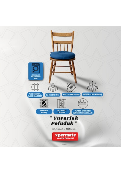 Pofuduk Yuvarlak Sandalye Minderi Mutfak, Balkon, Bahçe Dekoratif Oturma Minderi Yumuşak Dolgu Mavi