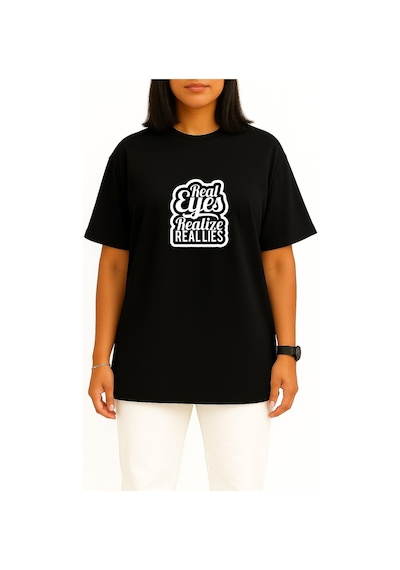 Bahriyeli Collection Oversize Gerçek Gözler Gerçek Yalanları Fark Eder Göğüs Baskılı Unisex T-shirt Siyah
