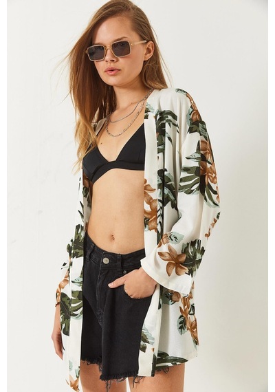 Shade Kadın Çiçek Desenli Kısa Viskon Kimono 60261498 - Ekru
