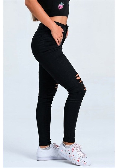 Genel Siyah Yırtık Detaylı Skinny Jeans
