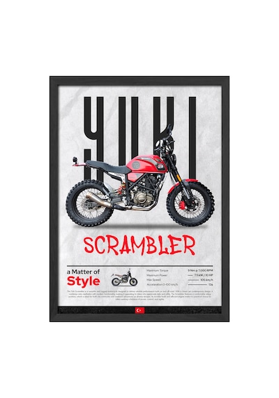 Yuki Scrambler Siyah Ahşap Çerçeveli Poster, Dekoratif Motosiklet Duvar Tablosu