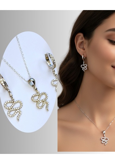 Gümüş Yılan Tasarım Kolye Küpe Kadın Set Yılbaşı Yeni Yıl Hediye