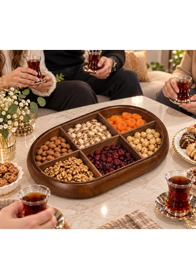 6 Bölmeli Kapaklı Şık Oval Akasya Çerezlik Ahşap
