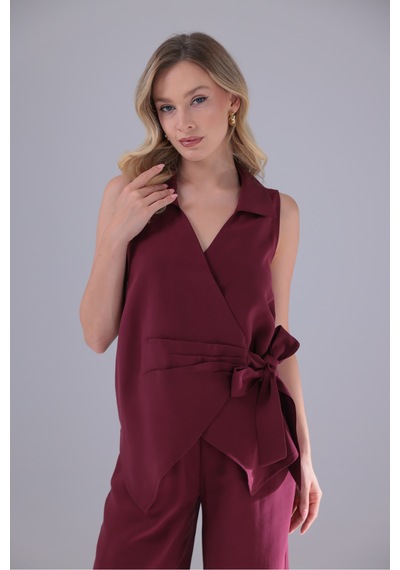 Genel Markalar Yandan Bağlamalı Kruvaze Modal Tencel Kumaş Bluz Gömlek Bordo Bordo