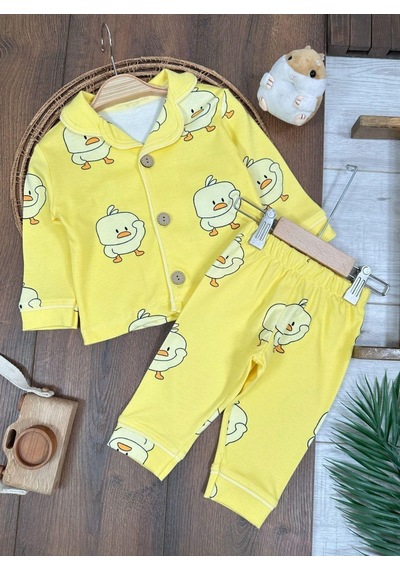 Kruvaze Yaka %100 Pamuk Önden Düğmeli Mevsimlik Ünisex Bebek Ve Çocuk Pijama Takımı 4bb2 Sarı