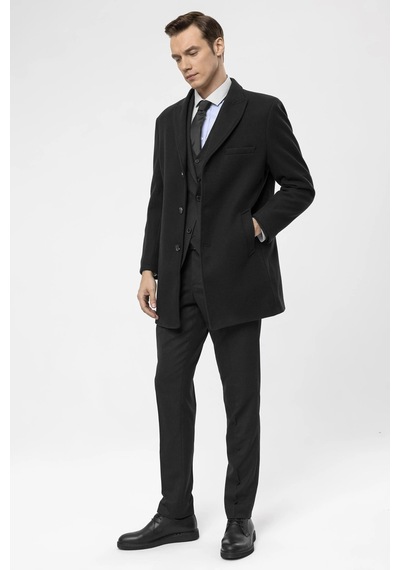 Süvari Slim Fit Yünlü Sivri Yaka Siyah Erkek Kaban Siyah