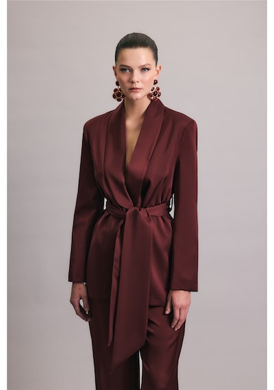 Sateen Kuşaklı Saten Ceket - Bordo-137007 Bordo