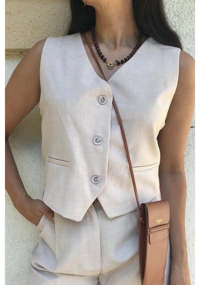 4 Sisters Fashion Bej Yelek Pantolon Takım - Bej
