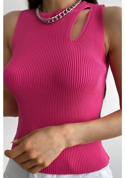 Femelle Kadın Pembe Standart Beden Likralı Tasarım Triko Bluz