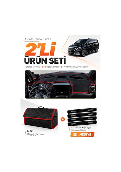 E-biz Mercedes Vito W114 Tourer 2025-sonrası Uyumlu Torpido + Deri Çanta - Siyah-kırmızı - Mb027
