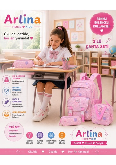 Kore Model 3 Lü Set Su Geçirmez Kız Çocuk Çantası Pembe Çanta-beslenme-kalemlik Seti