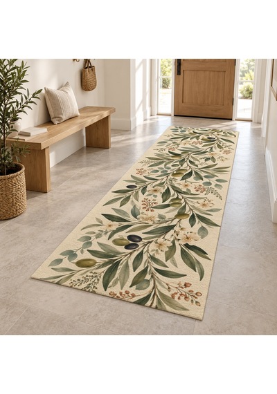 Kartela Halı Zeytin Bahçesi Zeytin Krem Koridor Mutfak Yolluk Halısı Kaymaz Taban 80x240 Cm
