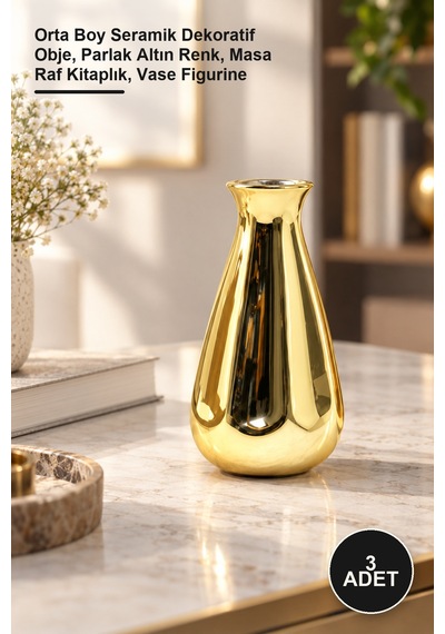 3 Adet Vazo Tasarımlı Biblo Orta Boy Seramik Dekoratif Obje, Parlak Altın Renk, Masa Raf Kitaplık, Vase Figurine