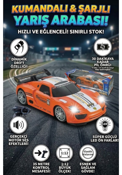 1:12 Ölçek Uzaktan Kumandalı Şarjlı Drift Arabası - Büyük Boy Işıklı Ve Sesli Yarış Arabası Turuncu Beyaz