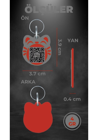 Petjoo 4.Maneki Neko Kırmızı-Gri Qr'lı Kedi Künyesi