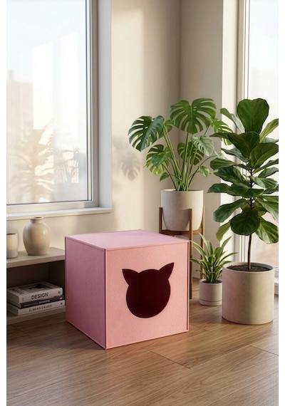 Pembe Keçe Kedi Yuvası Dekoratif Mama Kabı Altlığı Hediyeli Organizer Düzenleyici Katlanabilir