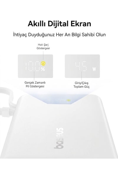 Baseus Picogo 10000mah 45w Dahili Kablolu Dijital Ekranlı Powerbank Beyaz
