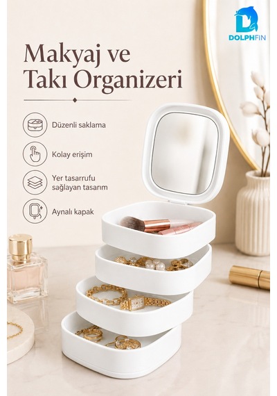 Aynalı 4 Katlı Kare Makyaj Ve Kozmetik Organizer Banyo Dolap Düzenleyici Beyaz