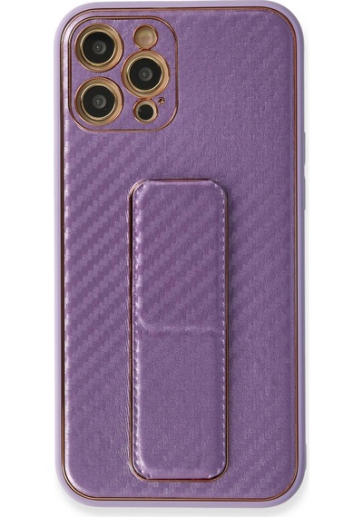 Apple Uyumlu iPhone 12 Pro Kılıf Coco Karbon Standlı Kapak Mor,