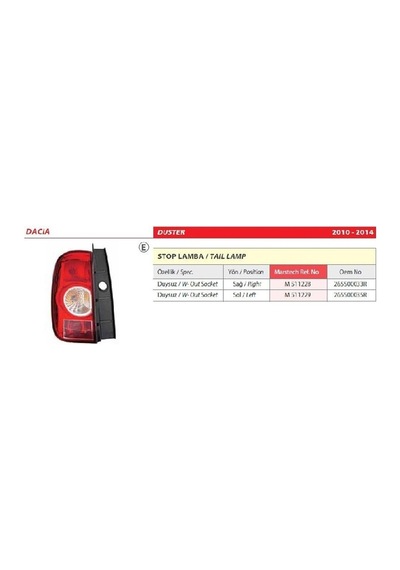 Dacia Duster Duysuz Sol Arka Stop Lambası 2014-2014 -265500033r