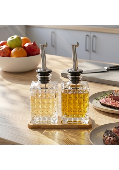 Porsima Dhz90112 2li Bambu Standlı Sızdırmaz Cam Yağlık Sirkelik Yağdanlık 100+100 Ml