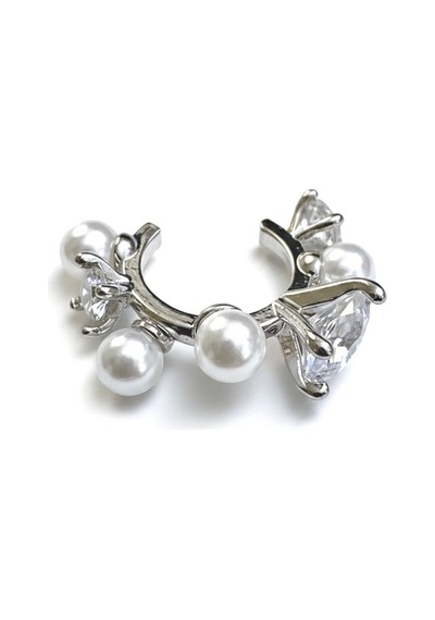 Earcuff Sıkıştırmalı Pirinç Kıkırdak Küpe İncili Taşlı Gümüş Renk Çelik